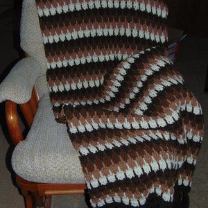 Vintage Afghan, Handmade, Shades of Brown, Beige and Ivory, 60 x76